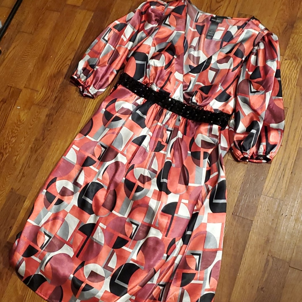 BISOU BISOU Satin mode print dress w/ beaded trim PUFF SLEEVE Hippy Mod Disco
